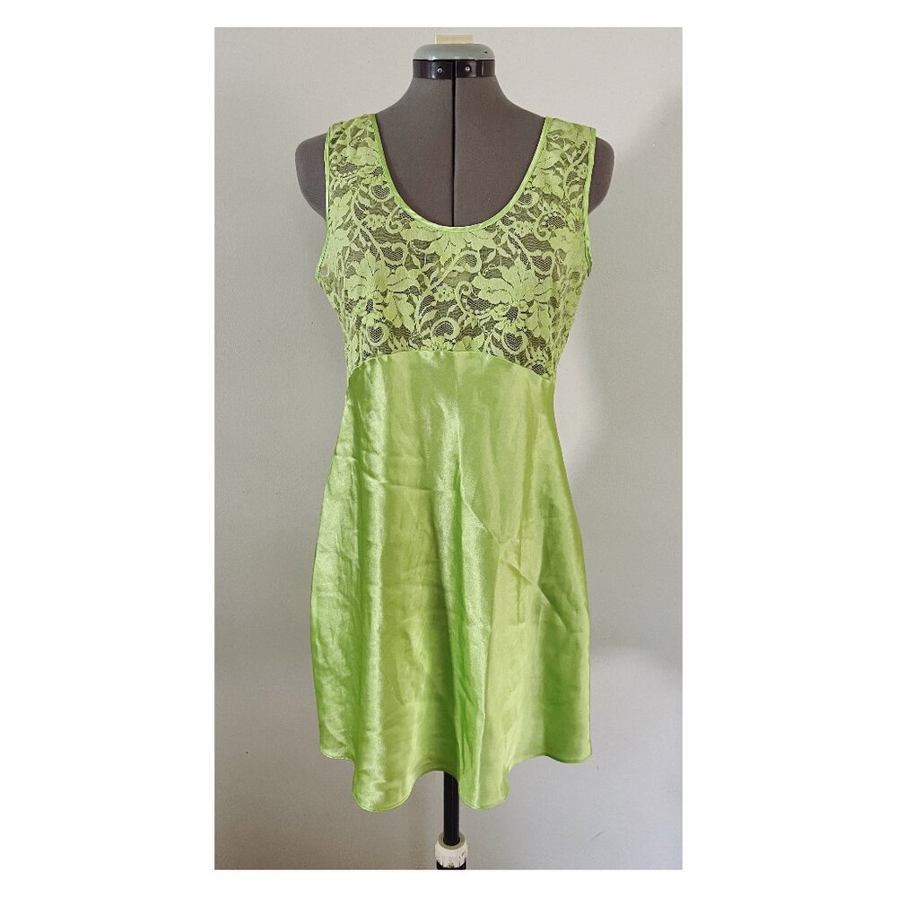 Victoria's Secret Sz M Y2K Lime Green Lace and Satin Slip Dress Lingerie